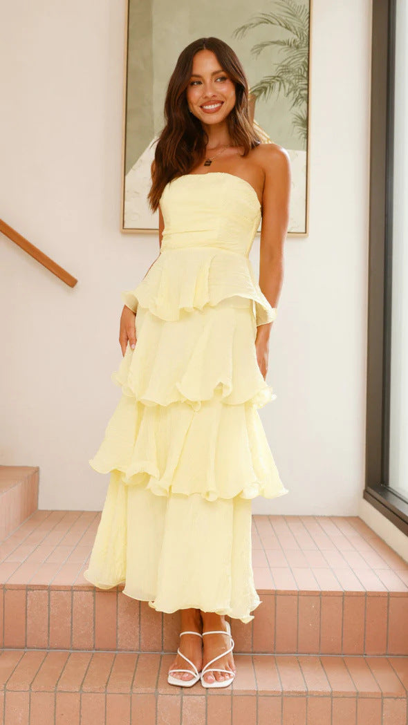 Women's Strapless Tiered Ruffle Midi Dress with Gathered Bodice and Crinkled Finish