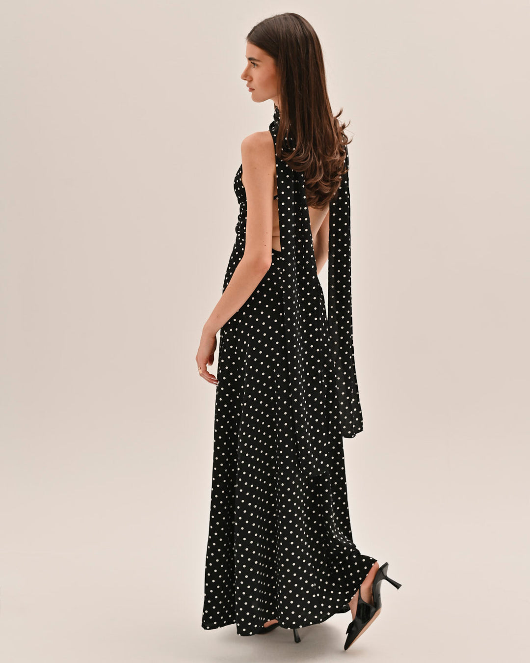 Women's Sweetheart Neck Open Back Maxi Dress with Cross-Back Straps and Polka Dot Print