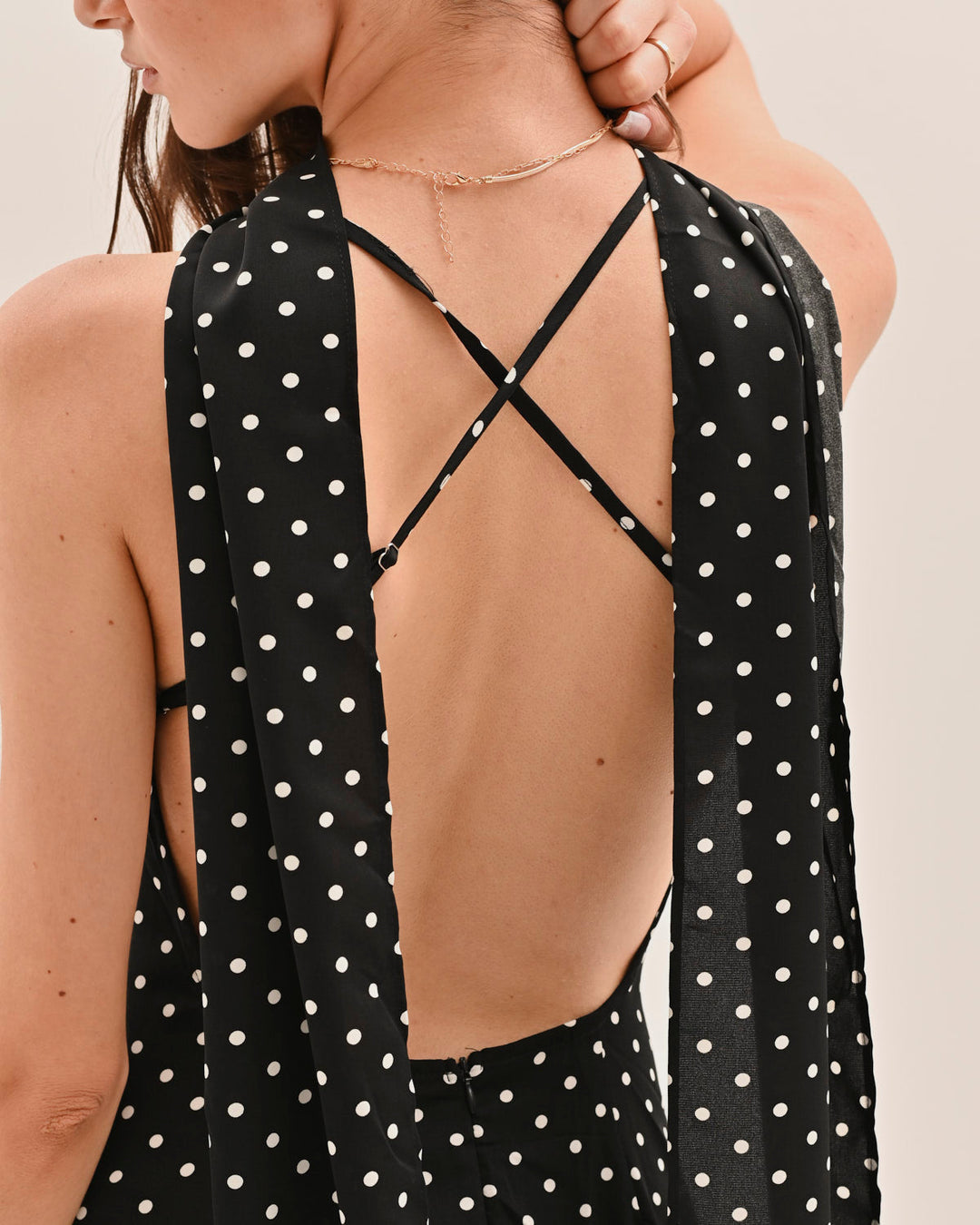 Women's Sweetheart Neck Open Back Maxi Dress with Cross-Back Straps and Polka Dot Print