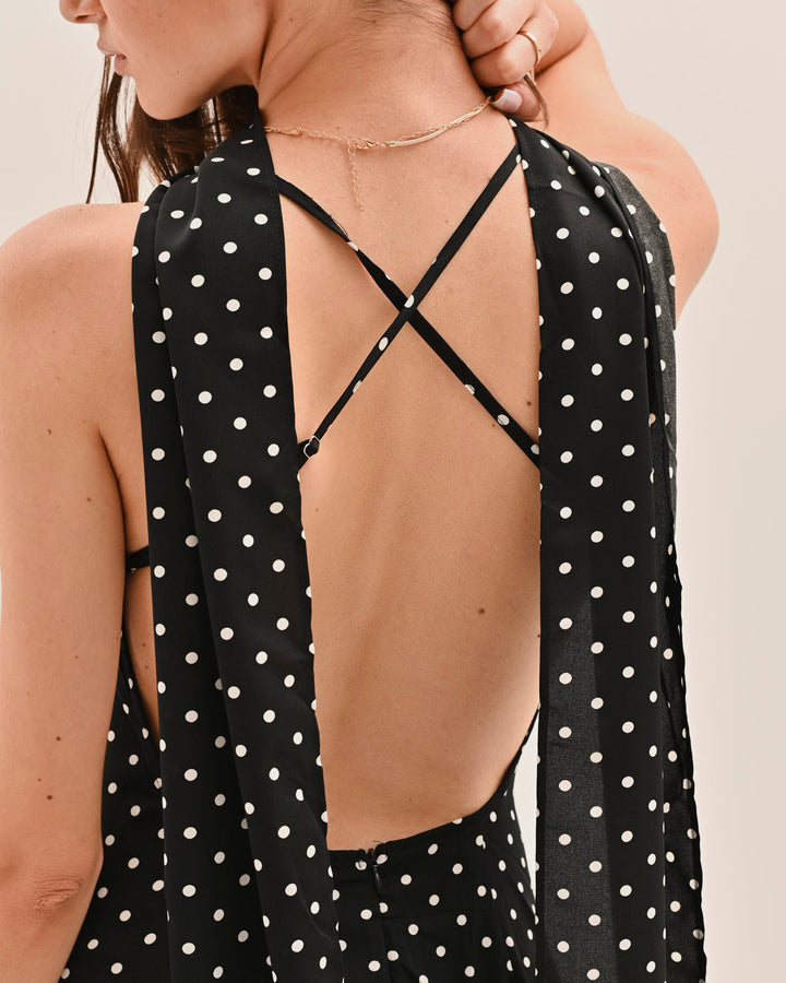 Women's Sweetheart Neck Open Back Maxi Dress with Cross-Back Straps and Polka Dot Print
