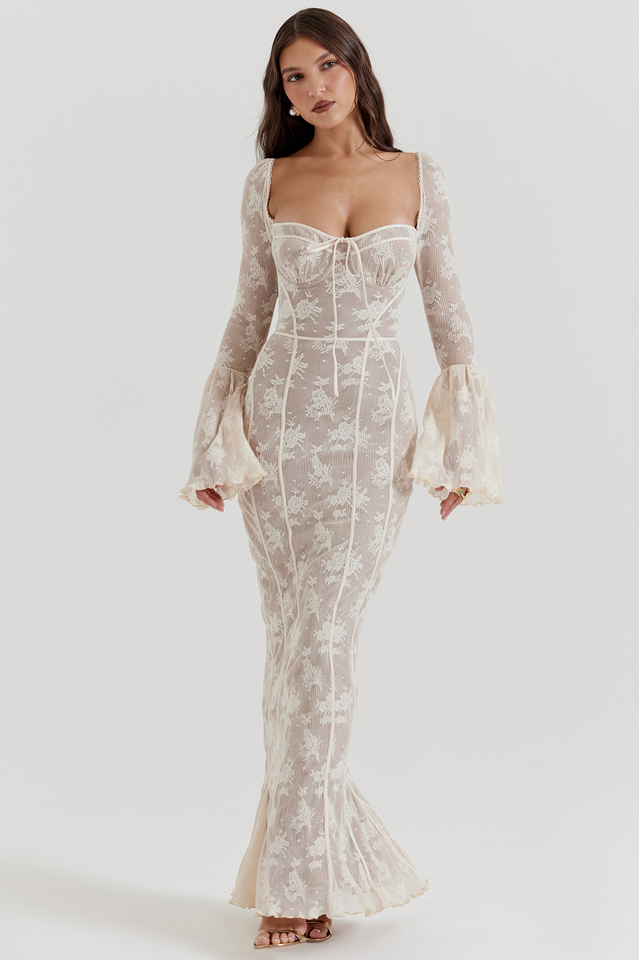 Women's Sweetheart Neckline Long Sleeve Maxi Dress with Bell Cuffs and Front Tie