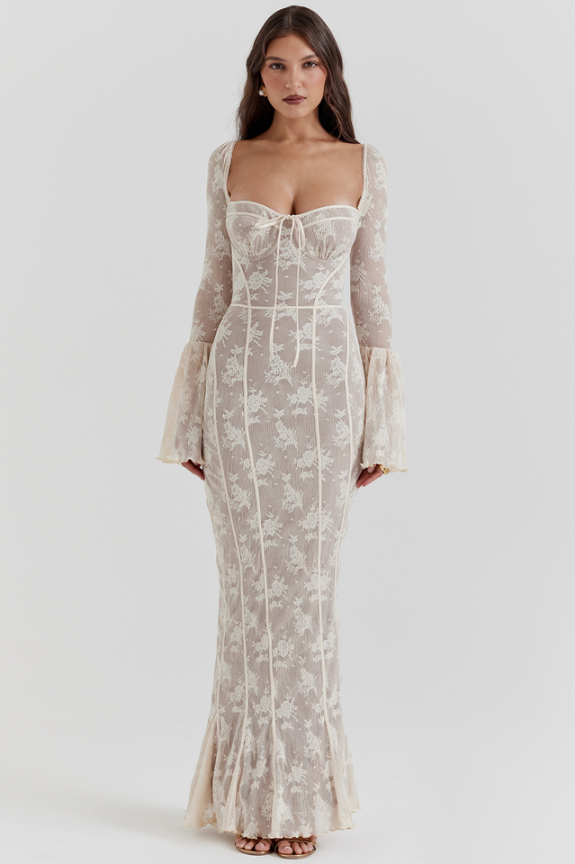 Women's Sweetheart Neckline Long Sleeve Maxi Dress with Bell Cuffs and Front Tie