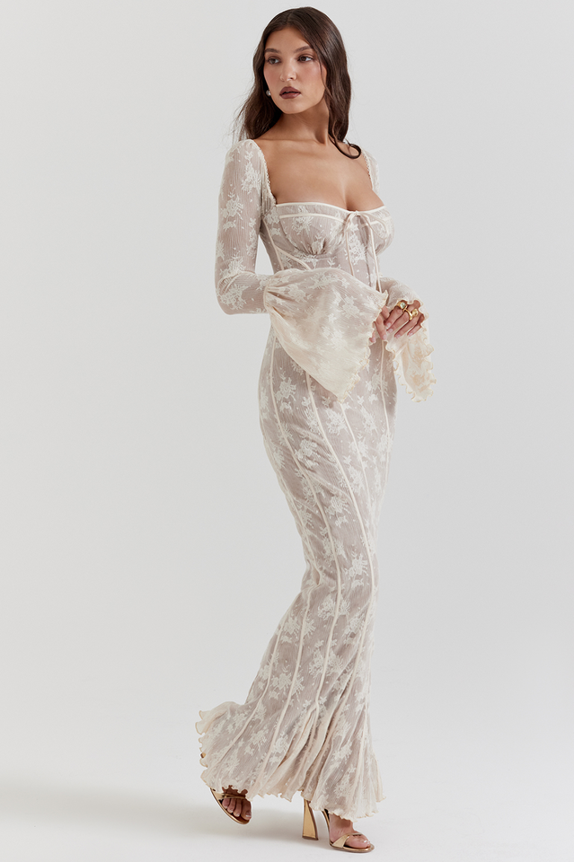 Women's Sweetheart Neckline Long Sleeve Maxi Dress with Bell Cuffs and Front Tie