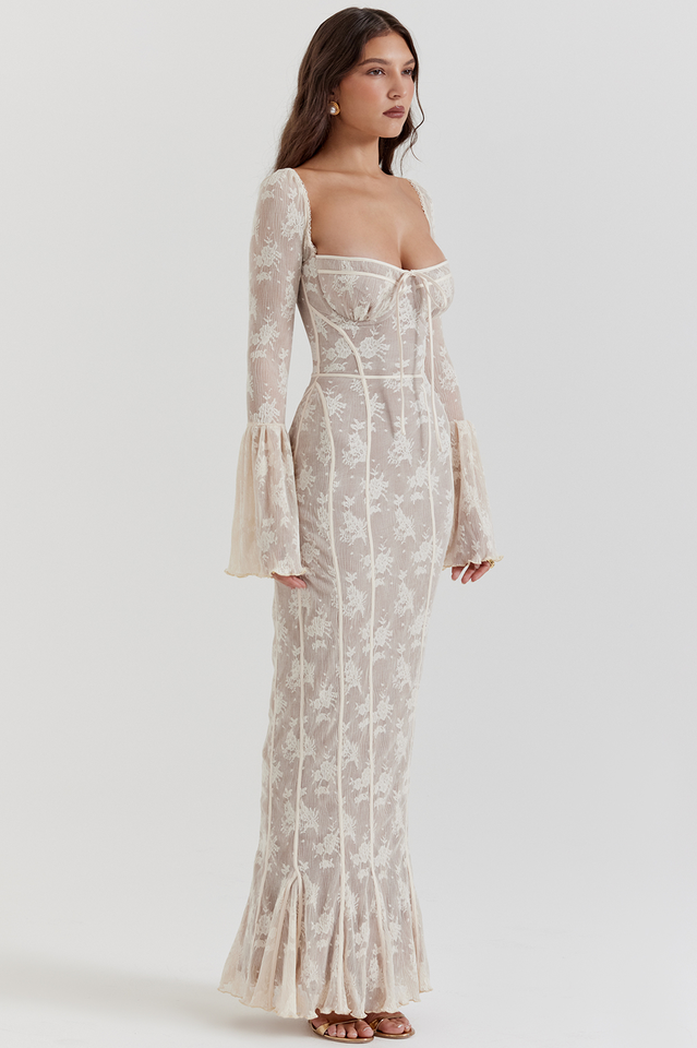 Women's Sweetheart Neckline Long Sleeve Maxi Dress with Bell Cuffs and Front Tie