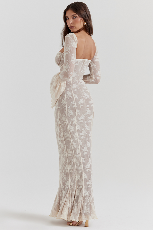 Women's Sweetheart Neckline Long Sleeve Maxi Dress with Bell Cuffs and Front Tie