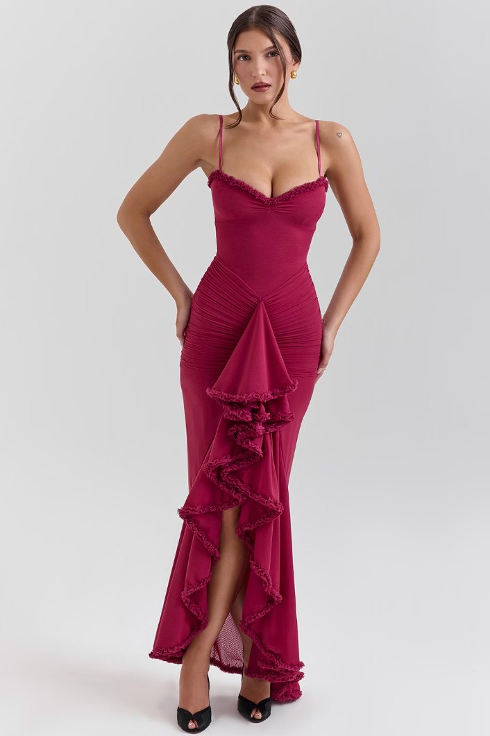Women's Sweetheart Neckline Maxi Dress with Cascading Ruffle and High-Low Hem