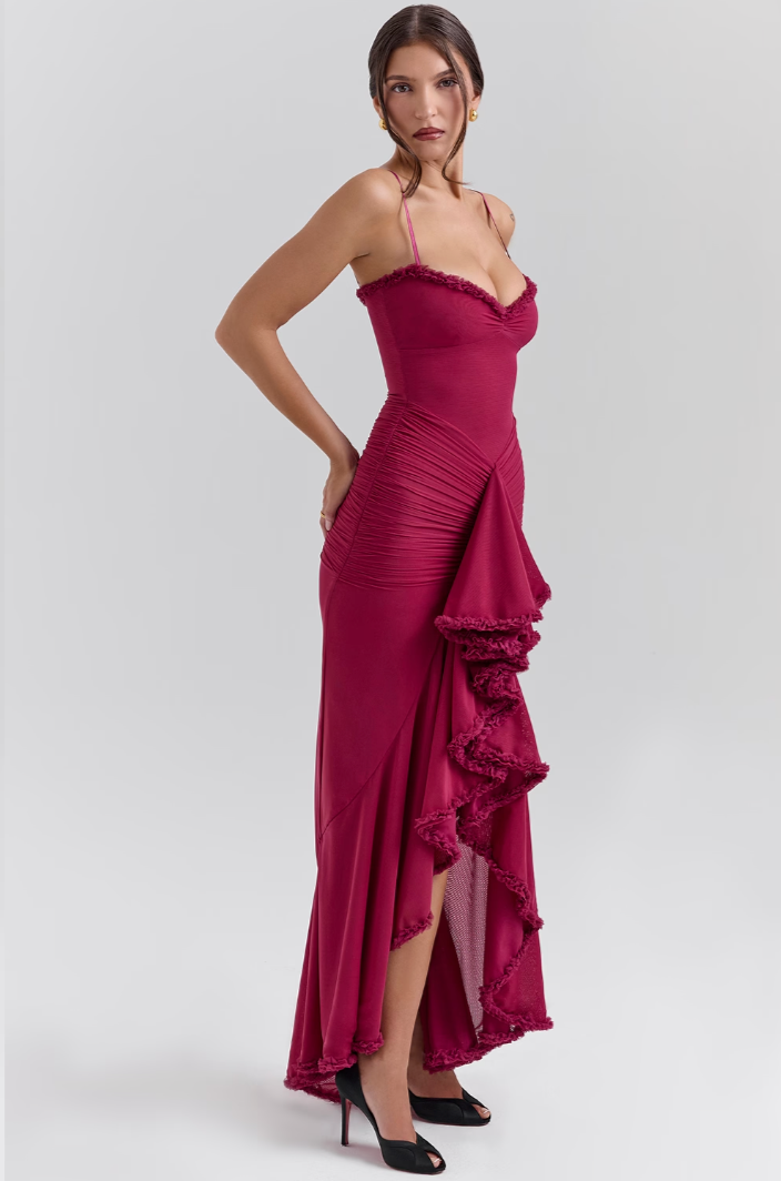 Women's Sweetheart Neckline Maxi Dress with Cascading Ruffle and High-Low Hem