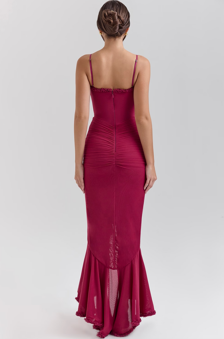 Women's Sweetheart Neckline Maxi Dress with Cascading Ruffle and High-Low Hem