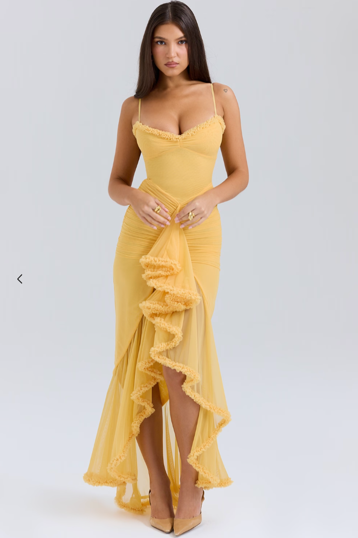 Women's Sweetheart Neckline Maxi Dress with Cascading Ruffle and High-Low Hem