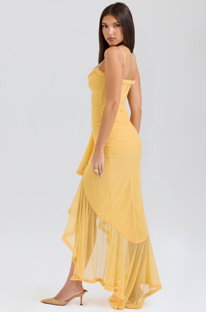 Women's Sweetheart Neckline Maxi Dress with Cascading Ruffle and High-Low Hem