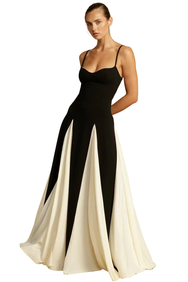 Women's Sweetheart Neckline Maxi Dress with Spaghetti Straps and Contrast Panel Skirt