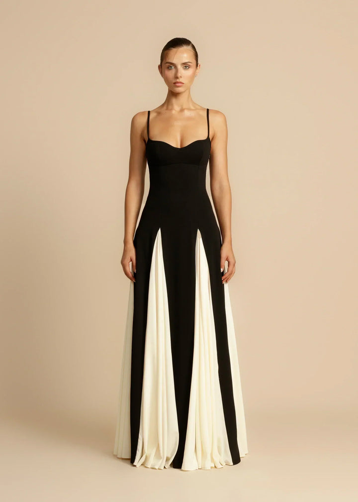 Women's Sweetheart Neckline Maxi Dress with Spaghetti Straps and Contrast Panel Skirt
