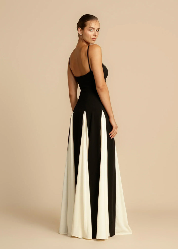 Women's Sweetheart Neckline Maxi Dress with Spaghetti Straps and Contrast Panel Skirt