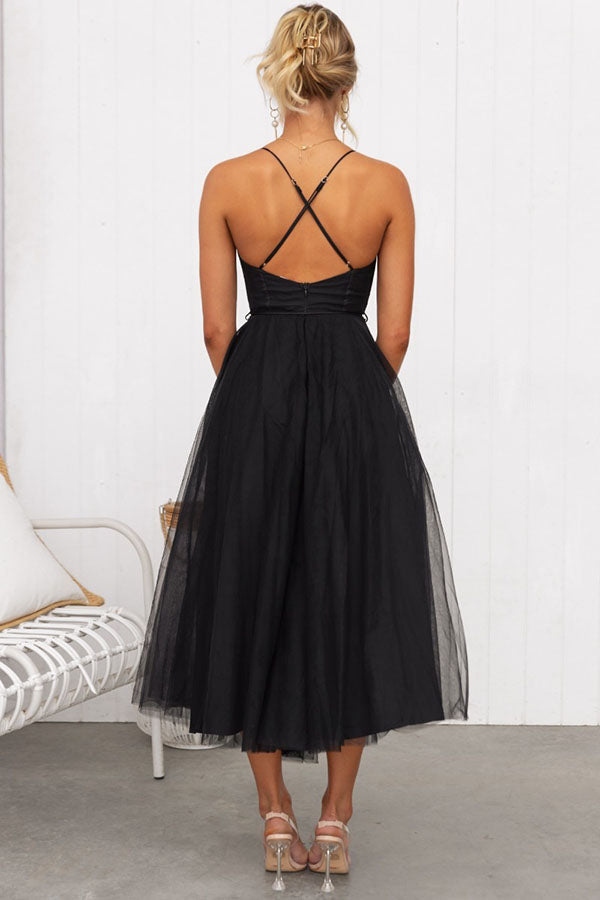 Women's Sweetheart Neckline Midi Dress with Corset Bodice and Mesh Overlay Skirt