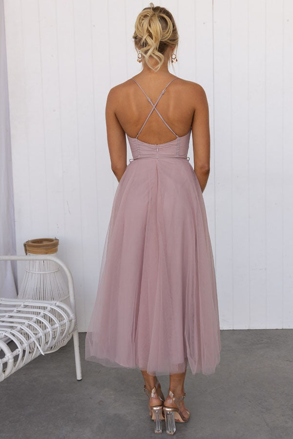 Women's Sweetheart Neckline Midi Dress with Corset Bodice and Mesh Overlay Skirt
