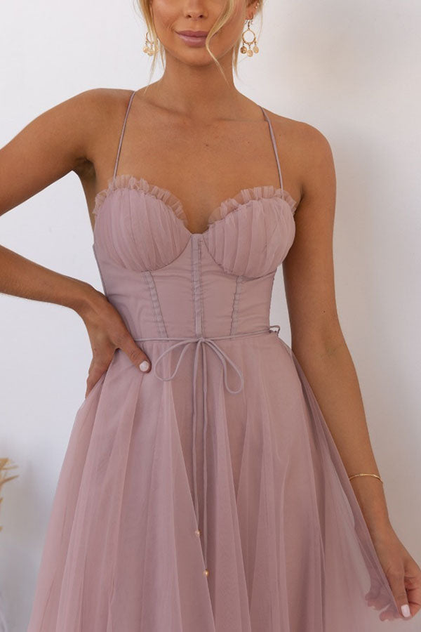 Women's Sweetheart Neckline Midi Dress with Corset Bodice and Mesh Overlay Skirt