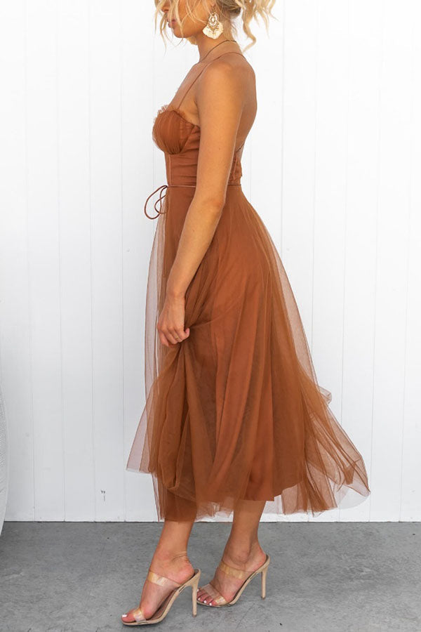 Women's Sweetheart Neckline Midi Dress with Corset Bodice and Mesh Overlay Skirt