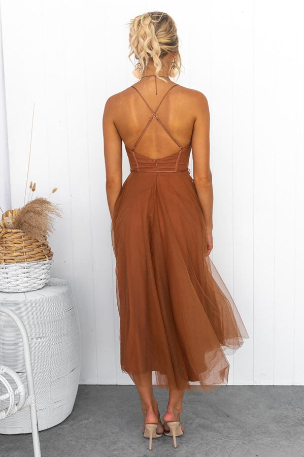 Women's Sweetheart Neckline Midi Dress with Corset Bodice and Mesh Overlay Skirt
