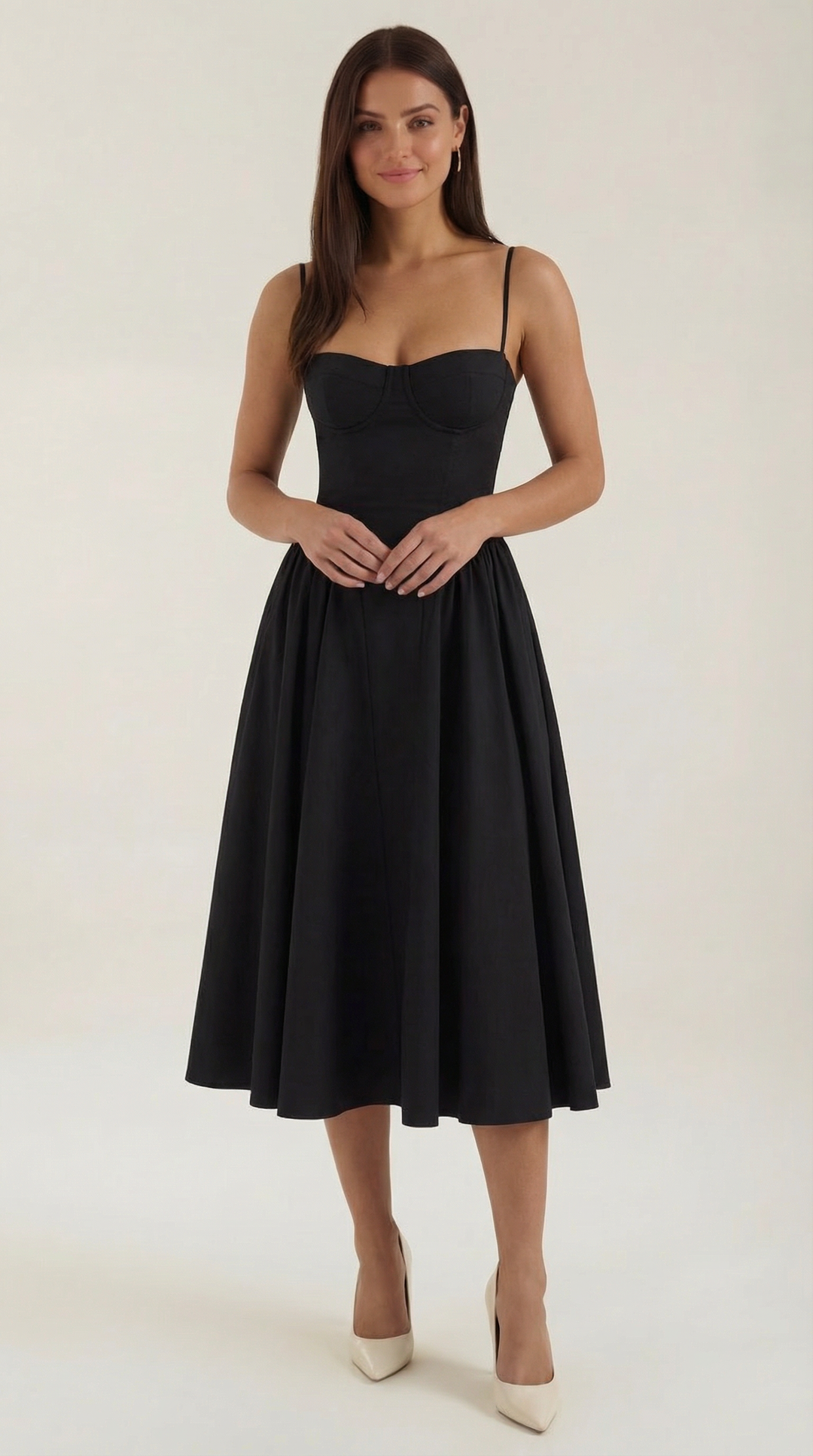 Women's Sweetheart Neckline Midi Dress with Spaghetti Straps and Full Skirt