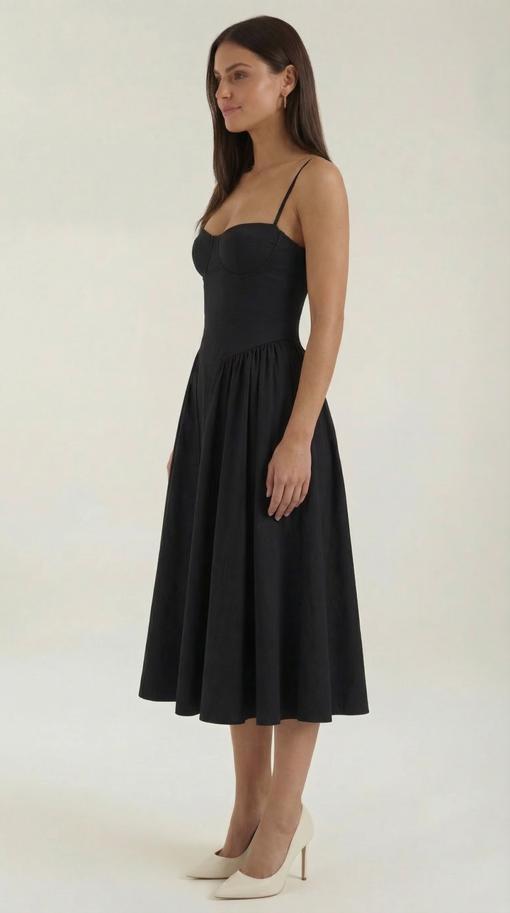 Women's Sweetheart Neckline Midi Dress with Spaghetti Straps and Full Skirt