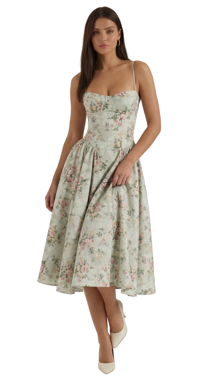 Women's Sweetheart Neckline Midi Dress with Spaghetti Straps and Full Skirt