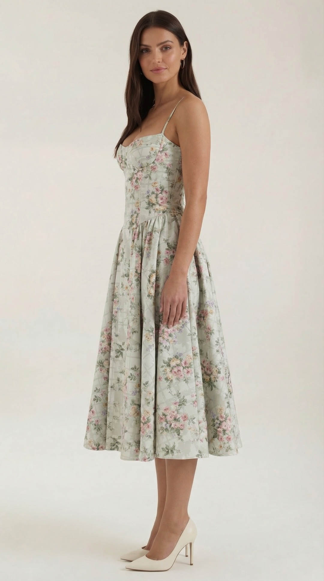 Women's Sweetheart Neckline Midi Dress with Spaghetti Straps and Full Skirt