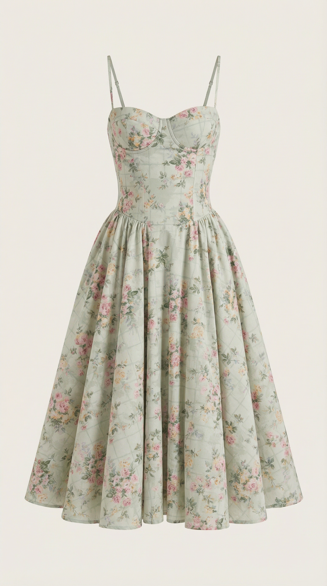 Women's Sweetheart Neckline Midi Dress with Spaghetti Straps and Full Skirt