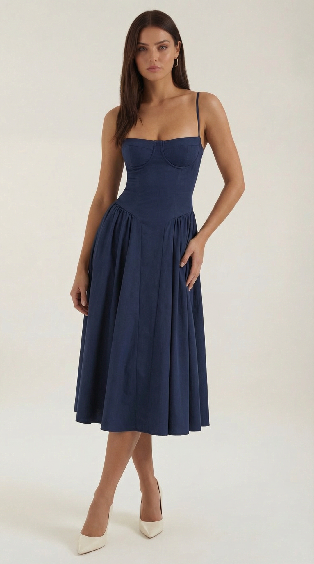 Women's Sweetheart Neckline Midi Dress with Spaghetti Straps and Full Skirt