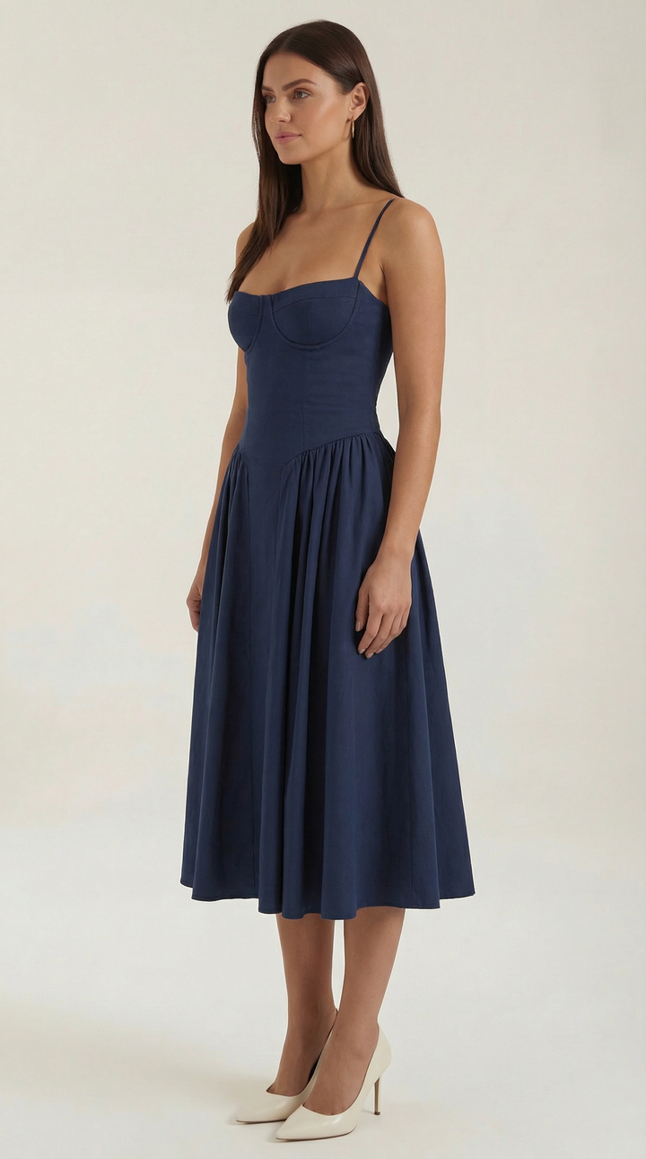 Women's Sweetheart Neckline Midi Dress with Spaghetti Straps and Full Skirt