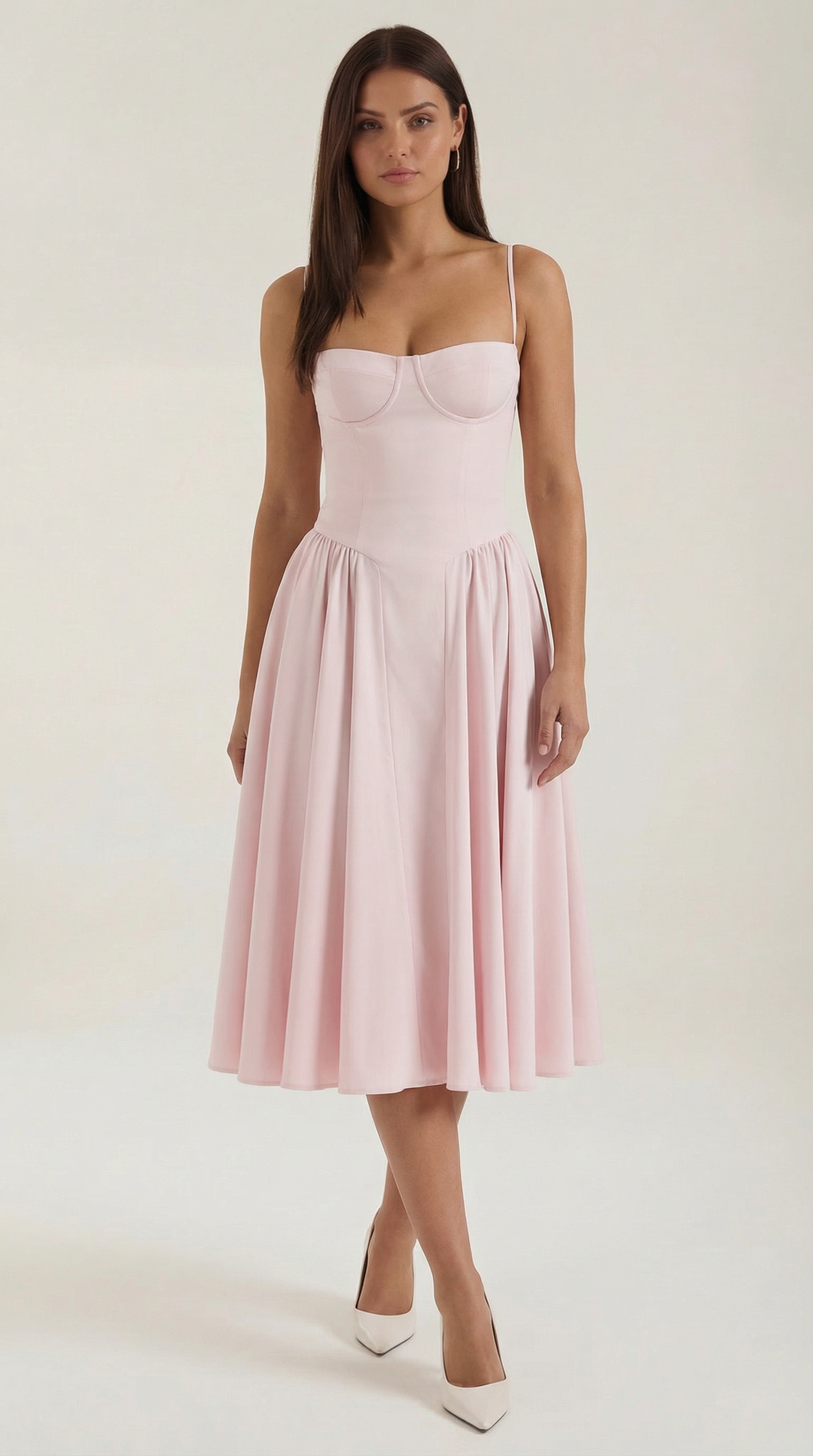 Women's Sweetheart Neckline Midi Dress with Spaghetti Straps and Full Skirt