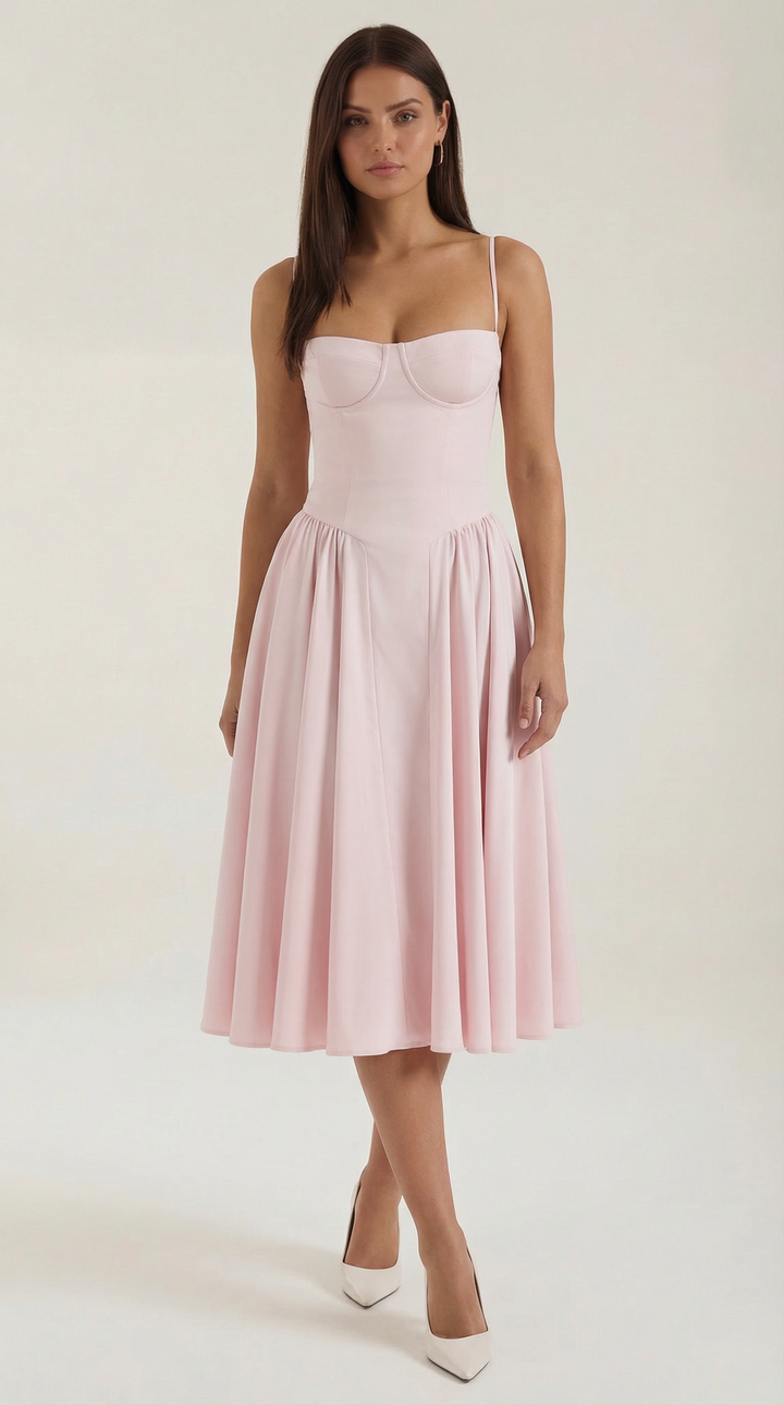 Women's Sweetheart Neckline Midi Dress with Spaghetti Straps and Full Skirt