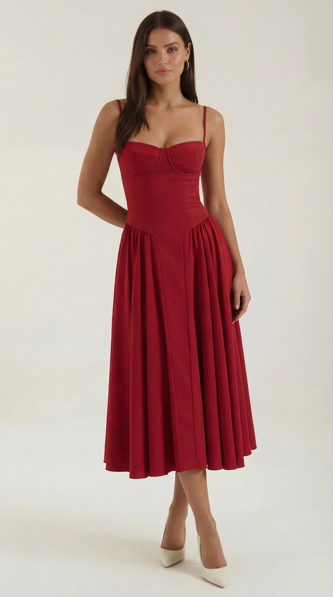Women's Sweetheart Neckline Midi Dress with Spaghetti Straps and Full Skirt