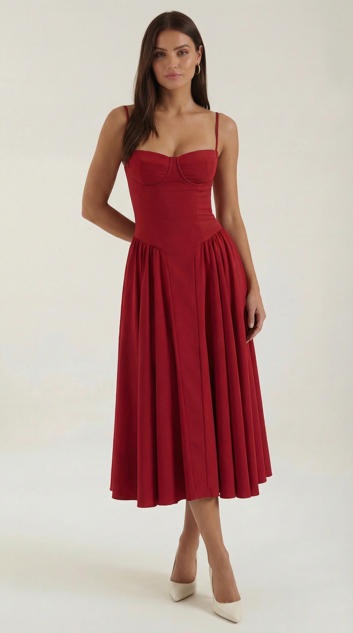 Women's Sweetheart Neckline Midi Dress with Spaghetti Straps and Full Skirt