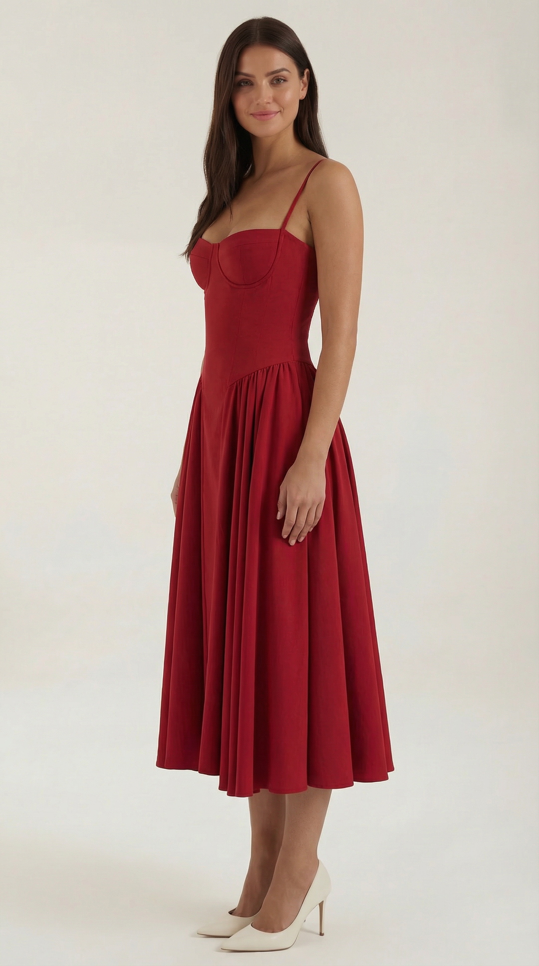 Women's Sweetheart Neckline Midi Dress with Spaghetti Straps and Full Skirt
