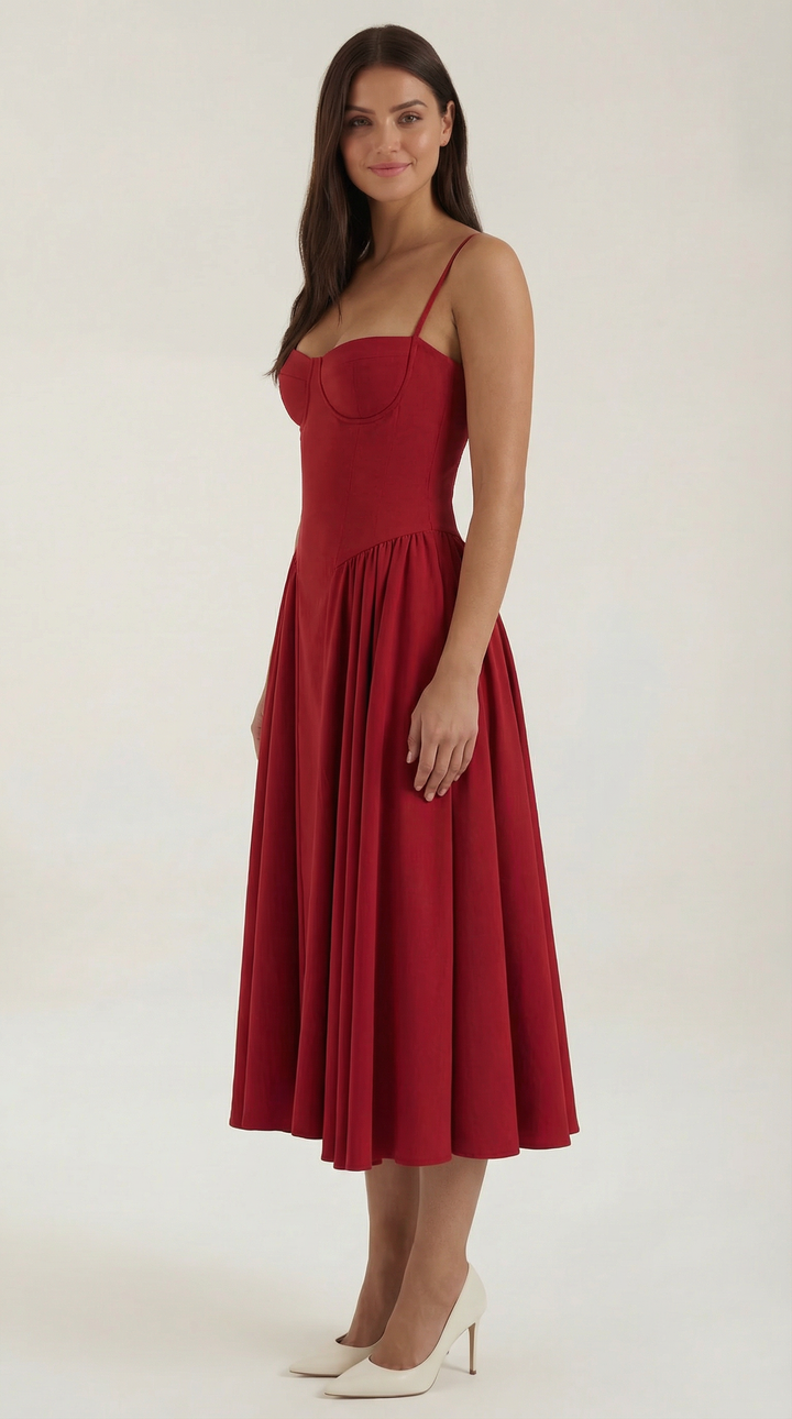 Women's Sweetheart Neckline Midi Dress with Spaghetti Straps and Full Skirt