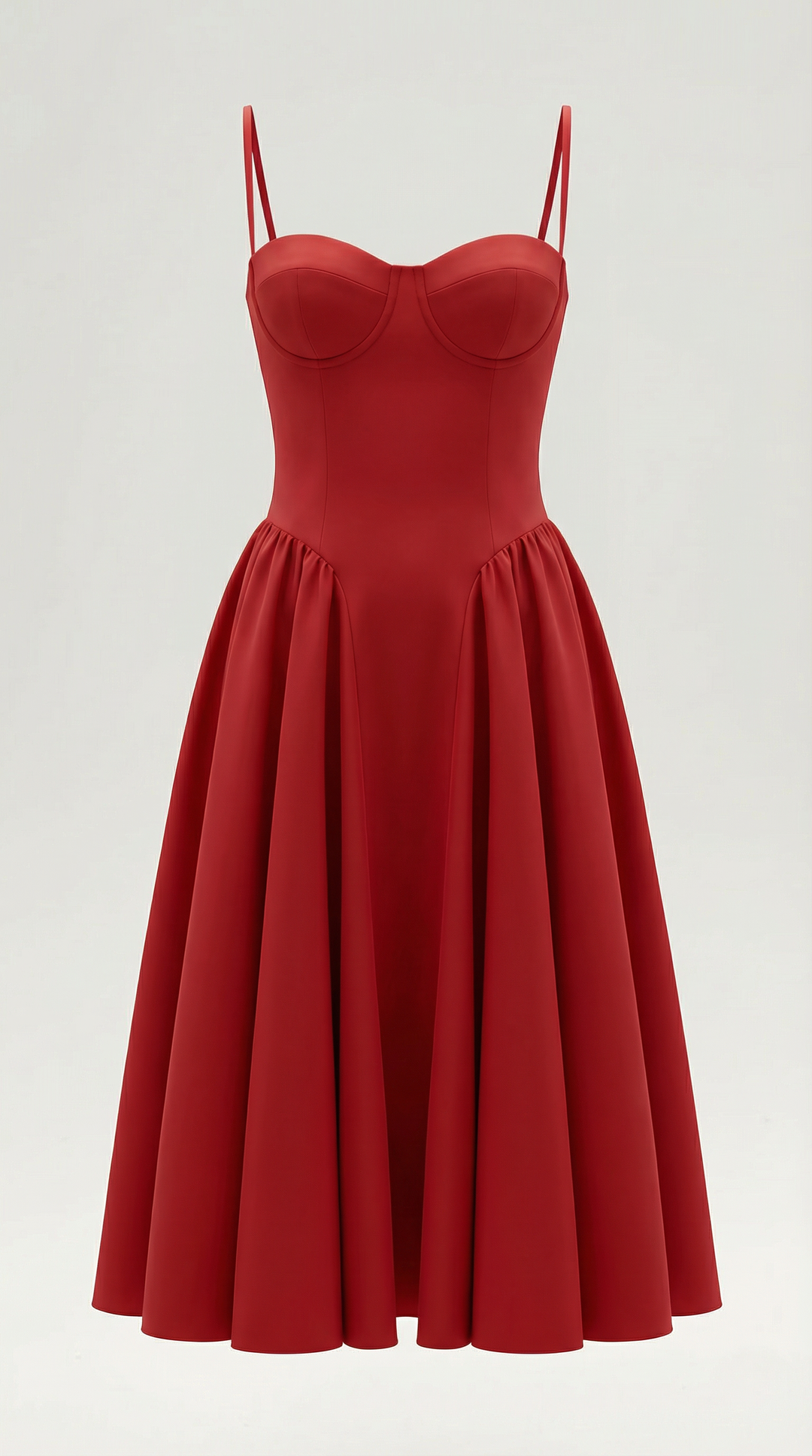 Women's Sweetheart Neckline Midi Dress with Spaghetti Straps and Full Skirt