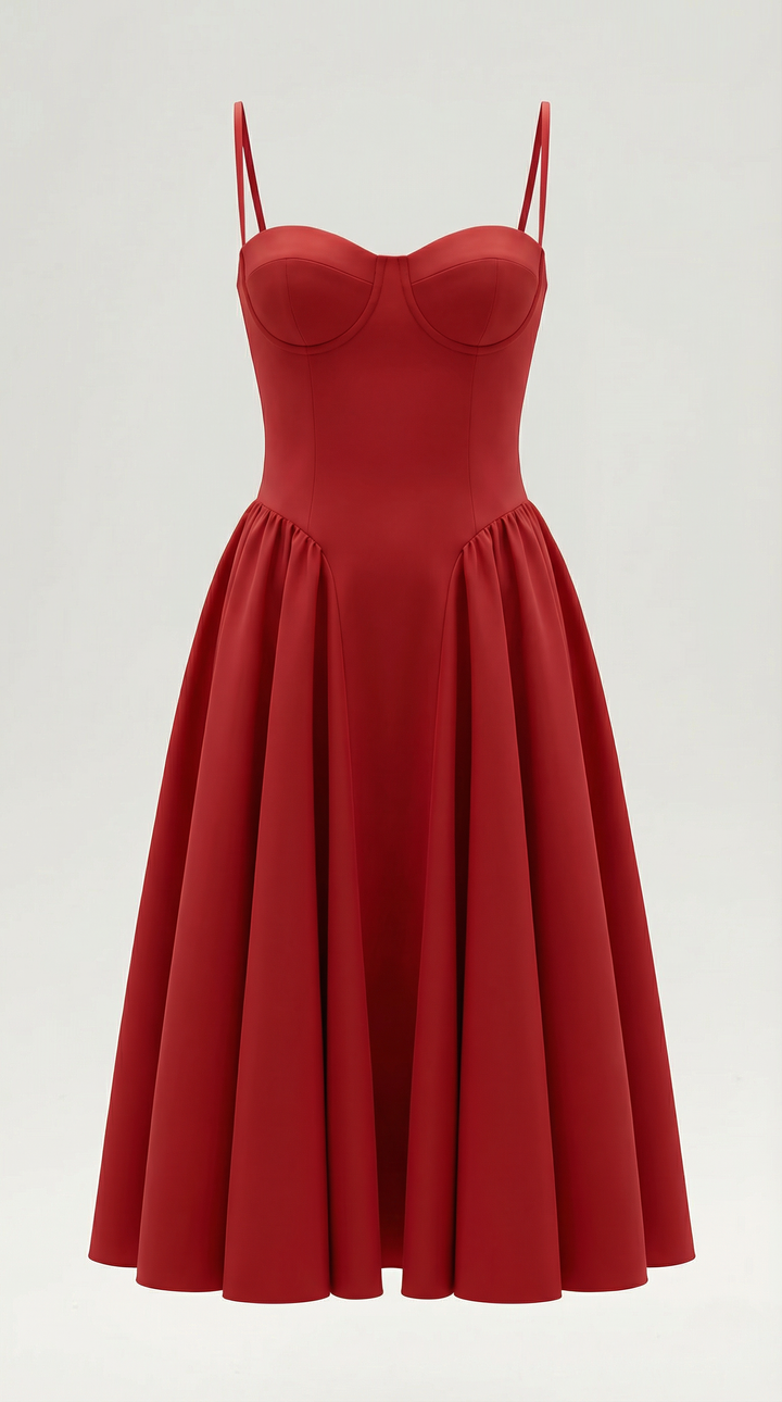 Women's Sweetheart Neckline Midi Dress with Spaghetti Straps and Full Skirt