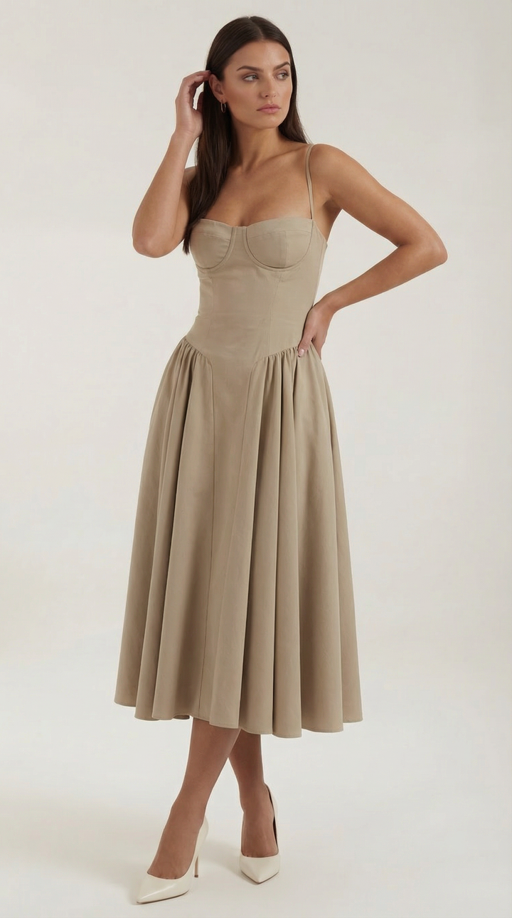 Women's Sweetheart Neckline Midi Dress with Spaghetti Straps and Full Skirt