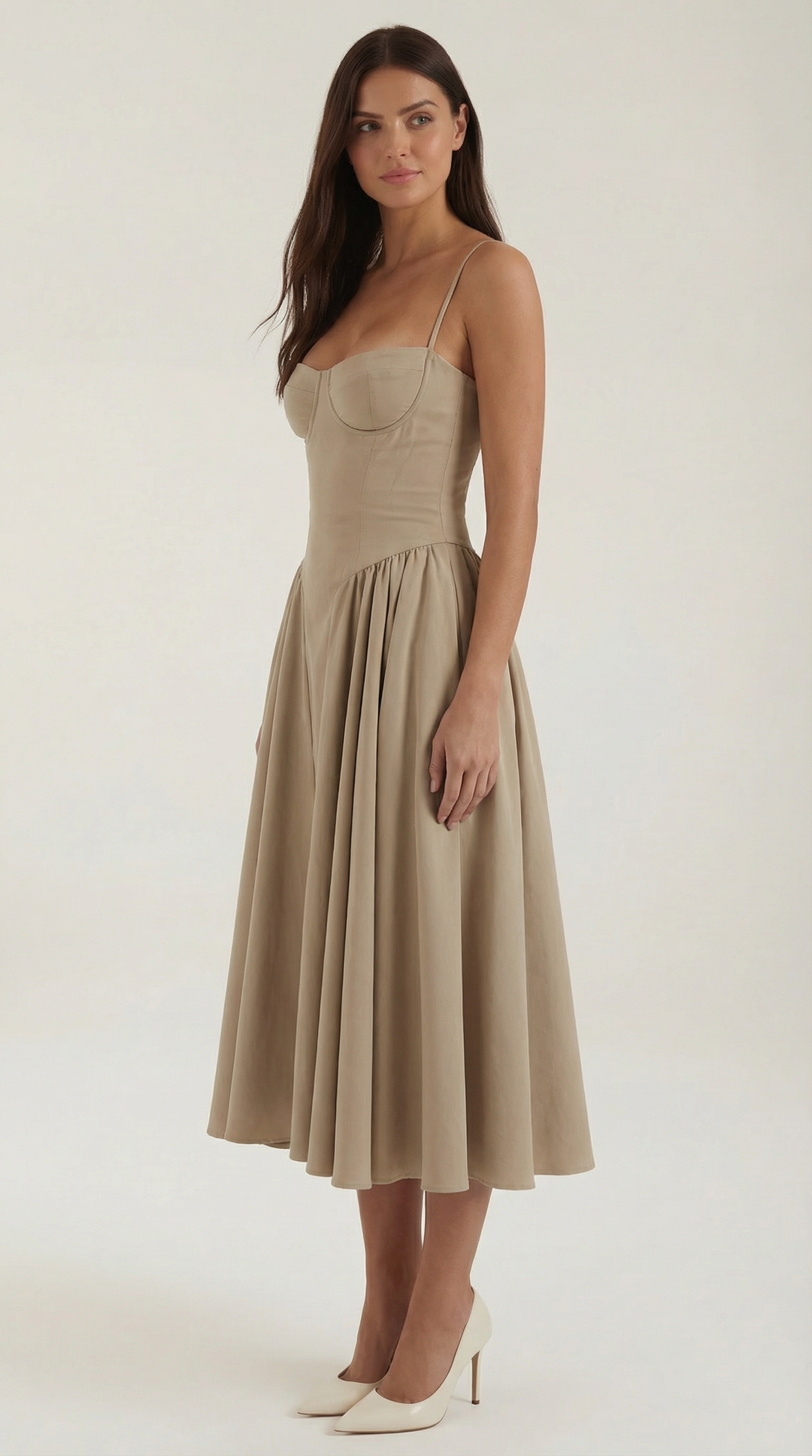 Women's Sweetheart Neckline Midi Dress with Spaghetti Straps and Full Skirt