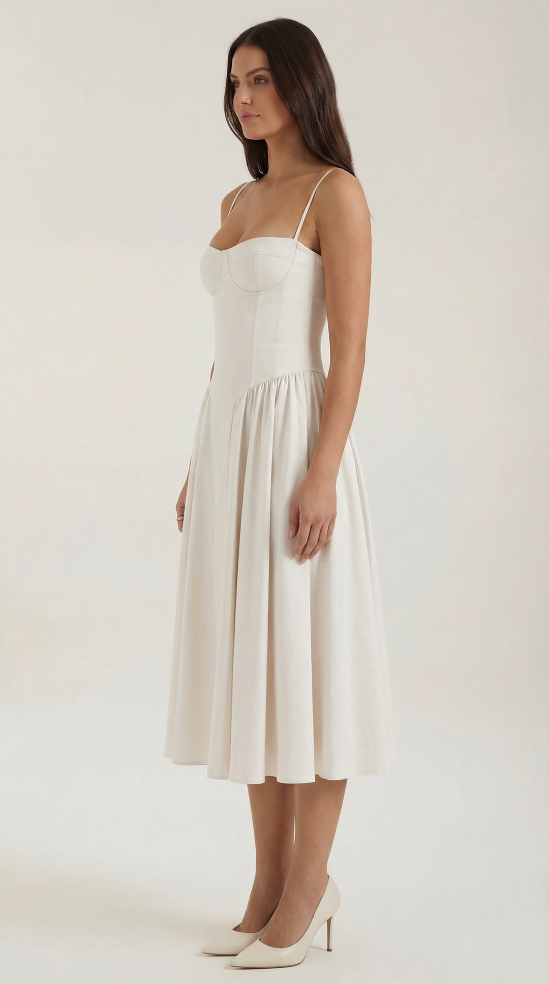 Women's Sweetheart Neckline Midi Dress with Spaghetti Straps and Full Skirt