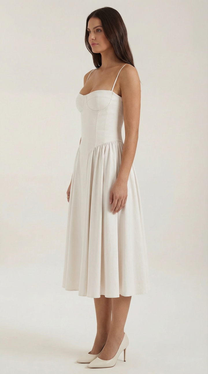 Women's Sweetheart Neckline Midi Dress with Spaghetti Straps and Full Skirt
