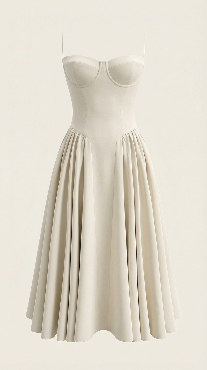 Women's Sweetheart Neckline Midi Dress with Spaghetti Straps and Full Skirt