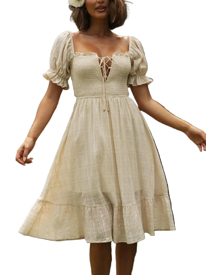 Women's Sweetheart Neckline Puff Sleeve Midi Dress with Lace-Up Front and Open Back