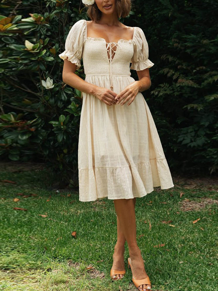 Women's Sweetheart Neckline Puff Sleeve Midi Dress with Lace-Up Front and Open Back