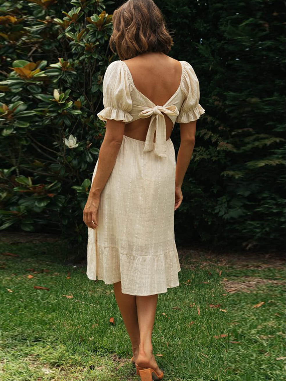 Women's Sweetheart Neckline Puff Sleeve Midi Dress with Lace-Up Front and Open Back