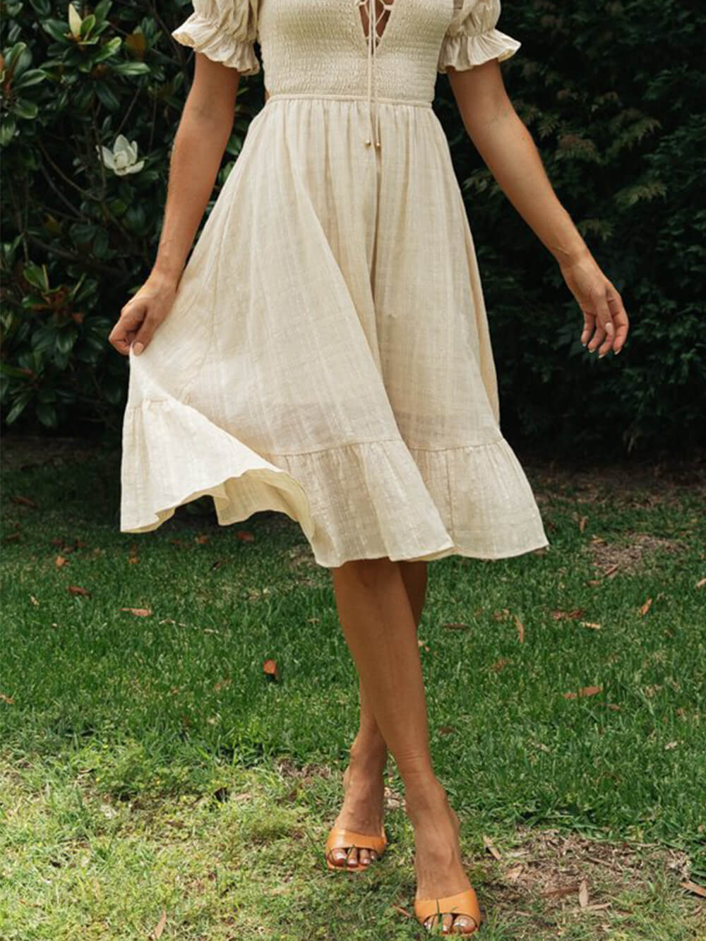Women's Sweetheart Neckline Puff Sleeve Midi Dress with Lace-Up Front and Open Back