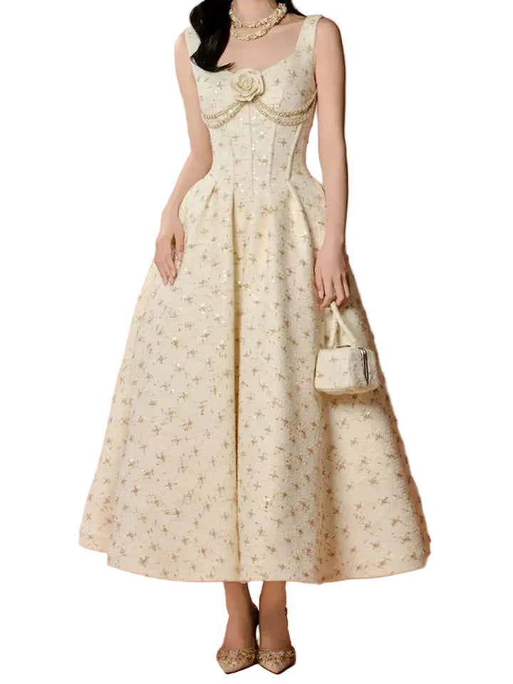 Women's Sweetheart Neckline Sleeveless Midi Dress with Rosette and Bead Trim