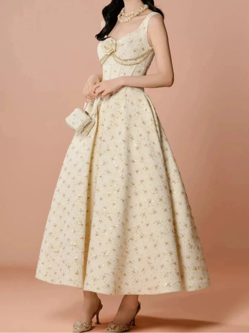 Women's Sweetheart Neckline Sleeveless Midi Dress with Rosette and Bead Trim