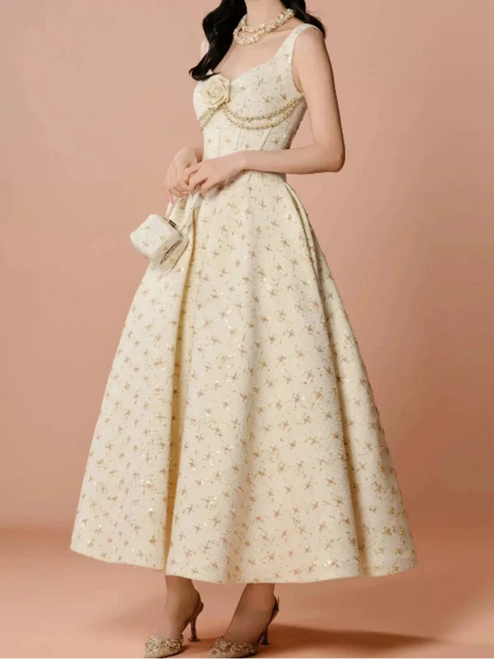Women's Sweetheart Neckline Sleeveless Midi Dress with Rosette and Bead Trim