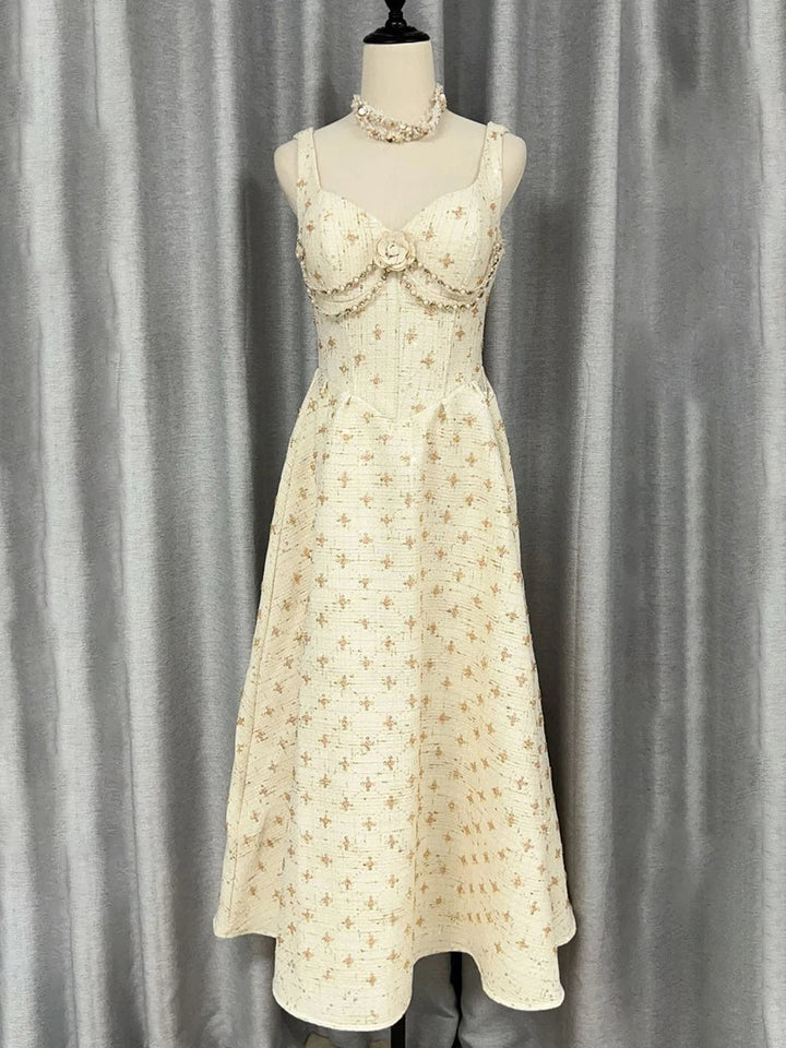 Women's Sweetheart Neckline Sleeveless Midi Dress with Rosette and Bead Trim